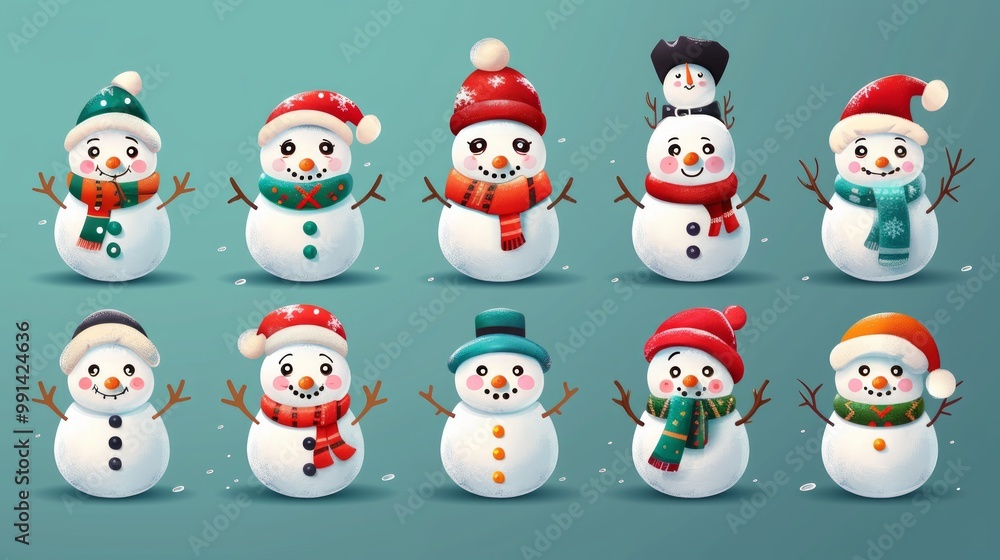 Christmas snowman characters vector set design. Snowman character wearing magician hat, red scarf and twig in funny, happy and smiling cute face collection. Vector illustration ice costume elements. Christmas snowman characters vector set design. Snowman character wearing magician hat, red scarf and twig in funny, happy and smiling cute face collection. Vector illustration ice costume elements.