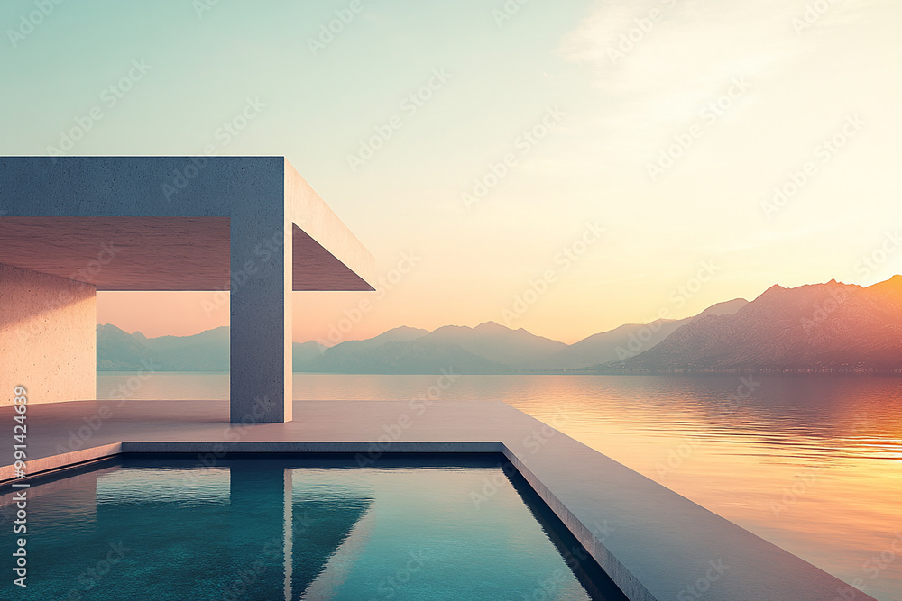 Fototapeta premium Abstract 3D rendering of minimalist style architectural space scene, mountain and lakeside building