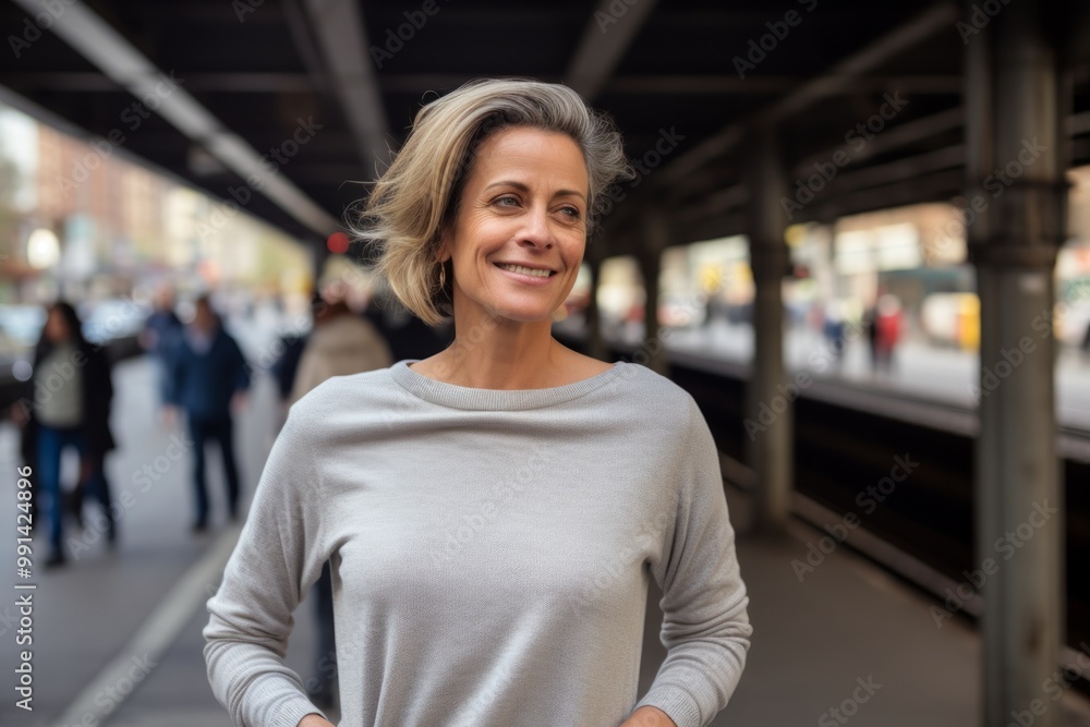 Fototapeta premium Portrait of a satisfied woman in her 50s showing off a thermal merino wool top isolated in bustling city subway background