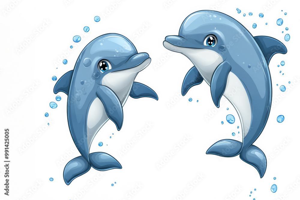 Fototapeta premium Smiling Cartoon Dolphin for Kids' Ocean-Themed Projects on White Background