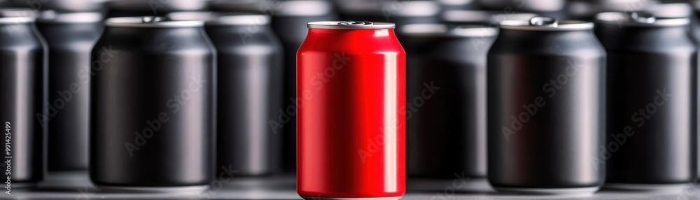 A striking image of a single red can standing out among a row of black cans, showcasing uniqueness and contrast. A striking image of a single red can standing out among a row of black cans, showcasing uniqueness and contrast.