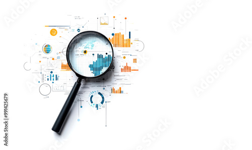 Magnifying glass over analytical data isolate on white background.