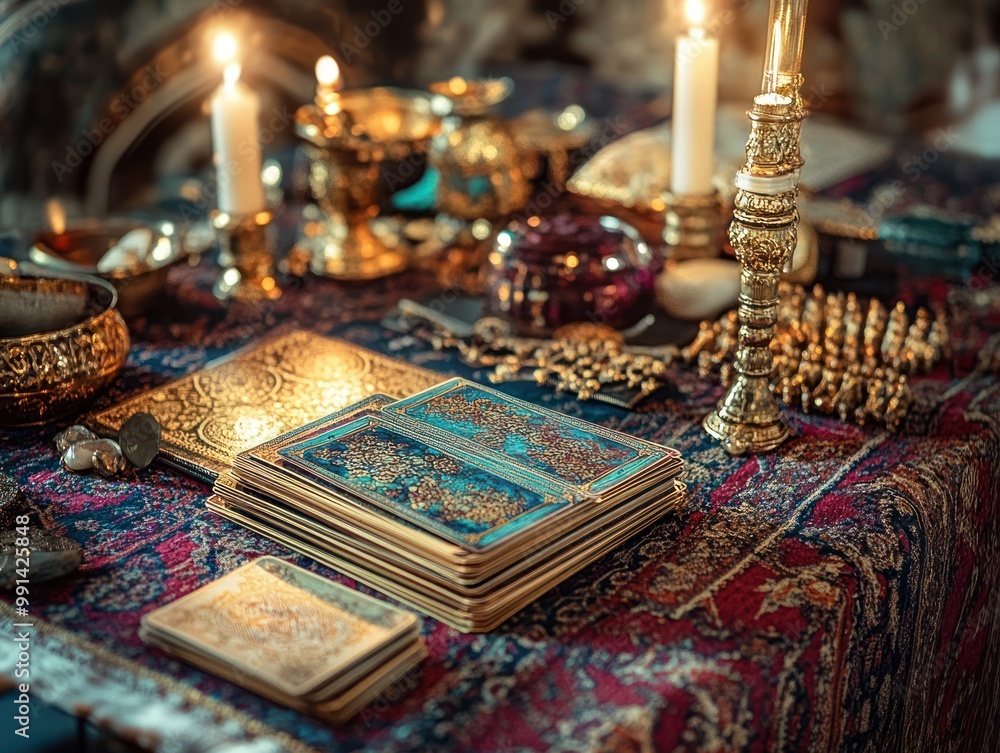 Mystical tarot reading scene with candles and crystals, AI generated Mystical tarot reading scene with candles and crystals, AI generated