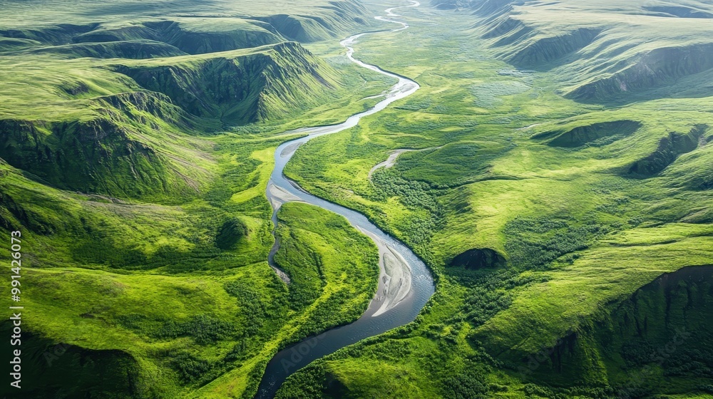 Aerial View of a Winding River Through a Lush Valley Aerial View of a Winding River Through a Lush Valley