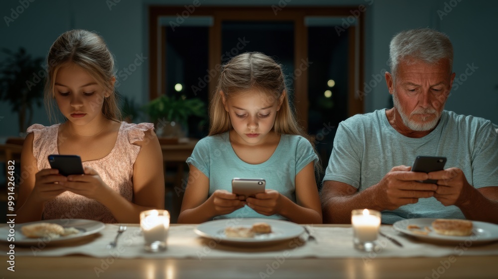 A family of three people sitting at a table looking at their cell phones, AI A family of three people sitting at a table looking at their cell phones, AI