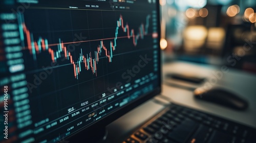 Financial trading chart displayed on a computer screen in a bright office environment during the day