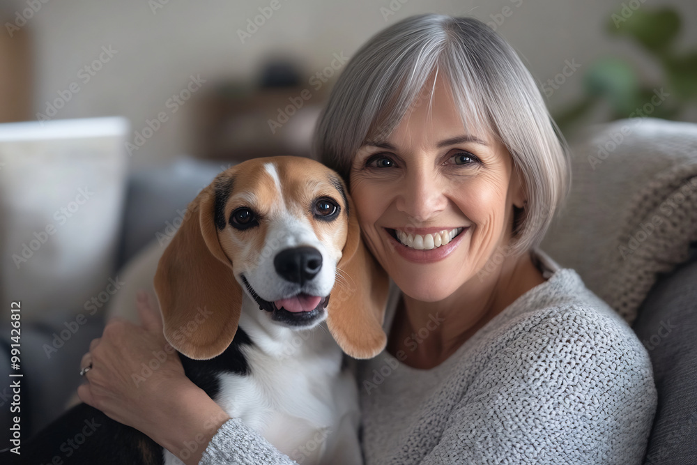 Happy woman embracing her beagle on a cozy couch at home, enjoying a warm and loving moment with her pet Happy woman embracing her beagle on a cozy couch at home, enjoying a warm and loving moment with her pet