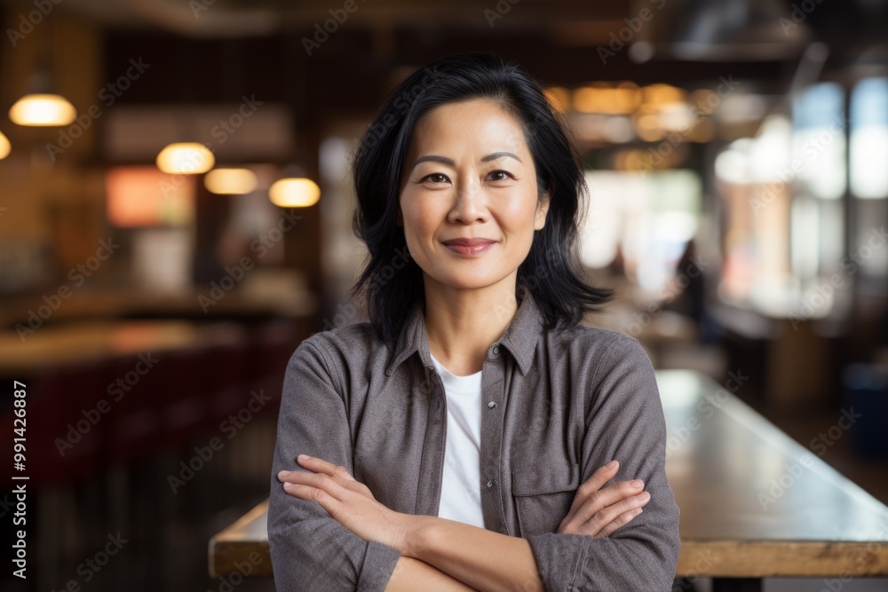 Portrait of a content asian woman in her 50s wearing a comfy flannel shirt while standing against bustling restaurant background Portrait of a content asian woman in her 50s wearing a comfy flannel shirt while standing against bustling restaurant background
