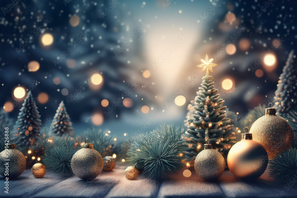 Christmas background with golden baubles and fir tree in winter forest Christmas background with golden baubles and fir tree in winter forest