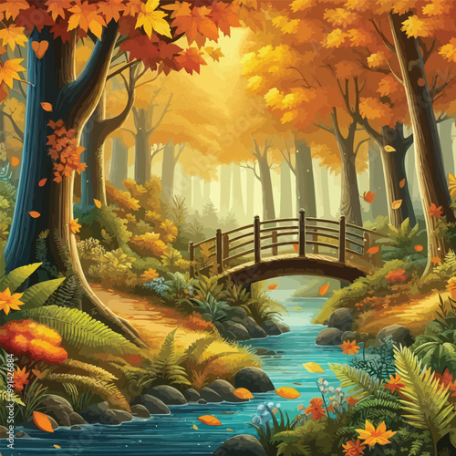 An enchanting autumn forest filled with golden and orange leaves illustration
