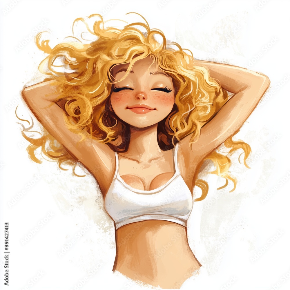 A young woman with curly blonde hair enjoying a carefree moment in a relaxed setting A young woman with curly blonde hair enjoying a carefree moment in a relaxed setting