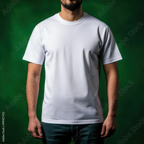 Male model wearing a plain white t-shirt against a vibrant green background, showcasing casual fashion apparel.