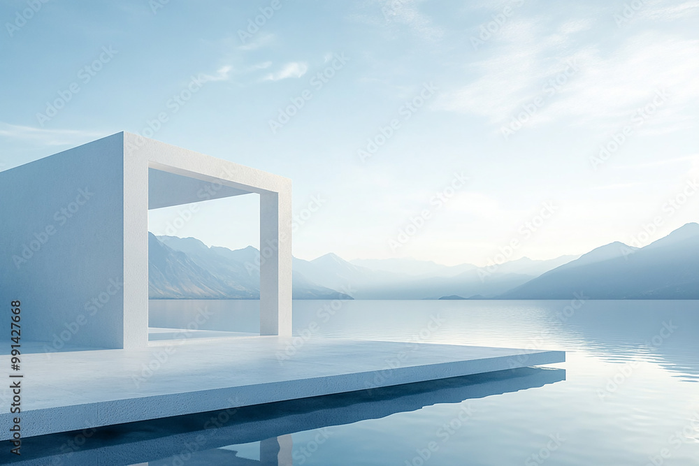 Abstract 3D rendering of minimalist style architectural space scene, mountain and lakeside building Abstract 3D rendering of minimalist style architectural space scene, mountain and lakeside building