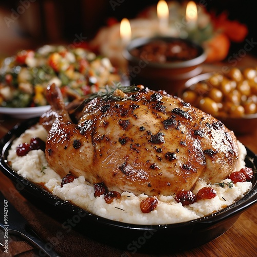  Thanksgiving dinner table, featuring a beautifully roasted turkey as the centerpiece.