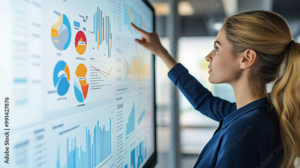 A beautiful woman is presenting the program. Charts, graphs. A beautiful woman is presenting the program. Charts, graphs.