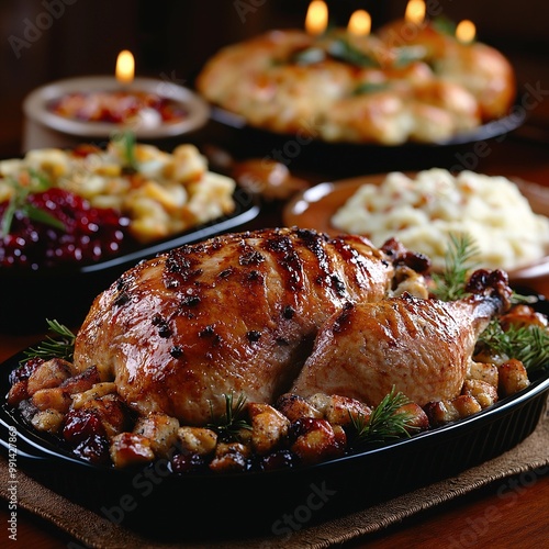  Thanksgiving dinner table, featuring a beautifully roasted turkey as the centerpiece.