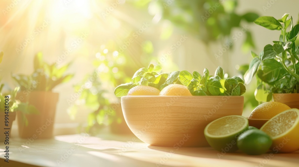 Fresh lemons and green basil in wooden bowl with sunlight streaming through the garden Fresh lemons and green basil in wooden bowl with sunlight streaming through the garden