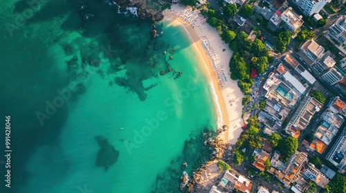 Aerial View of a Tropical Beach and Town