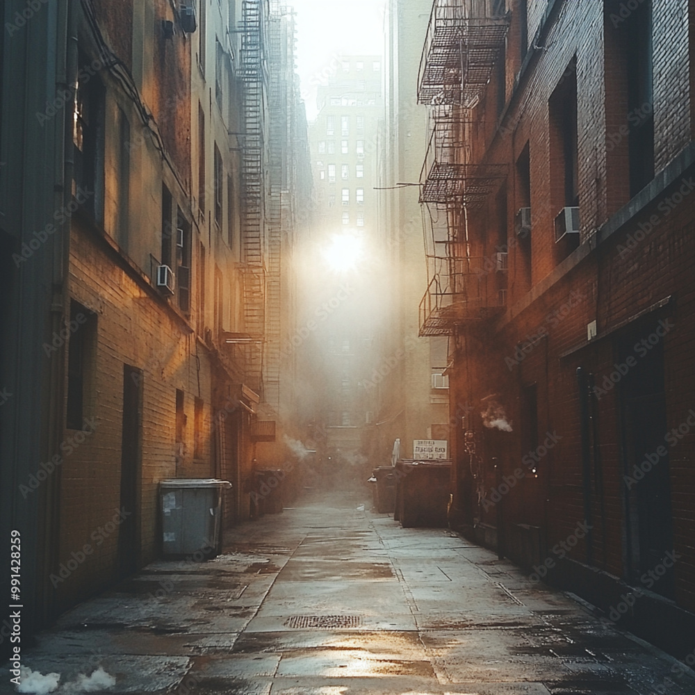 Fototapeta premium Old street in New York City at sunset, Manhattan, USA.