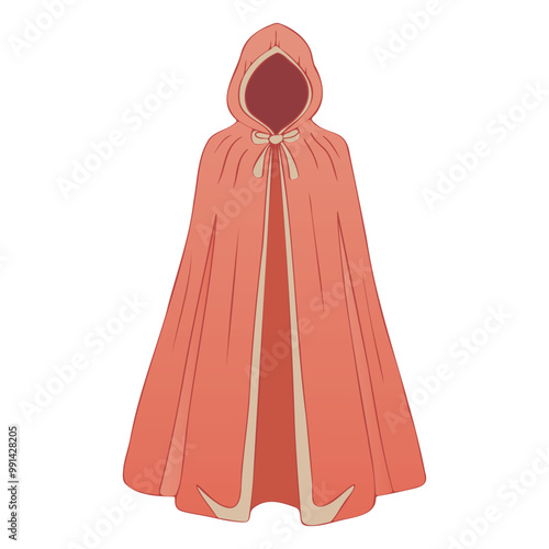 Red magic cloak with hood in flat design. Flowing textile cape clothing. Vector illustration isolated.