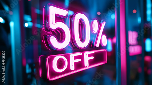 A neon pink sign displaying "50% OFF" in a storefront window.