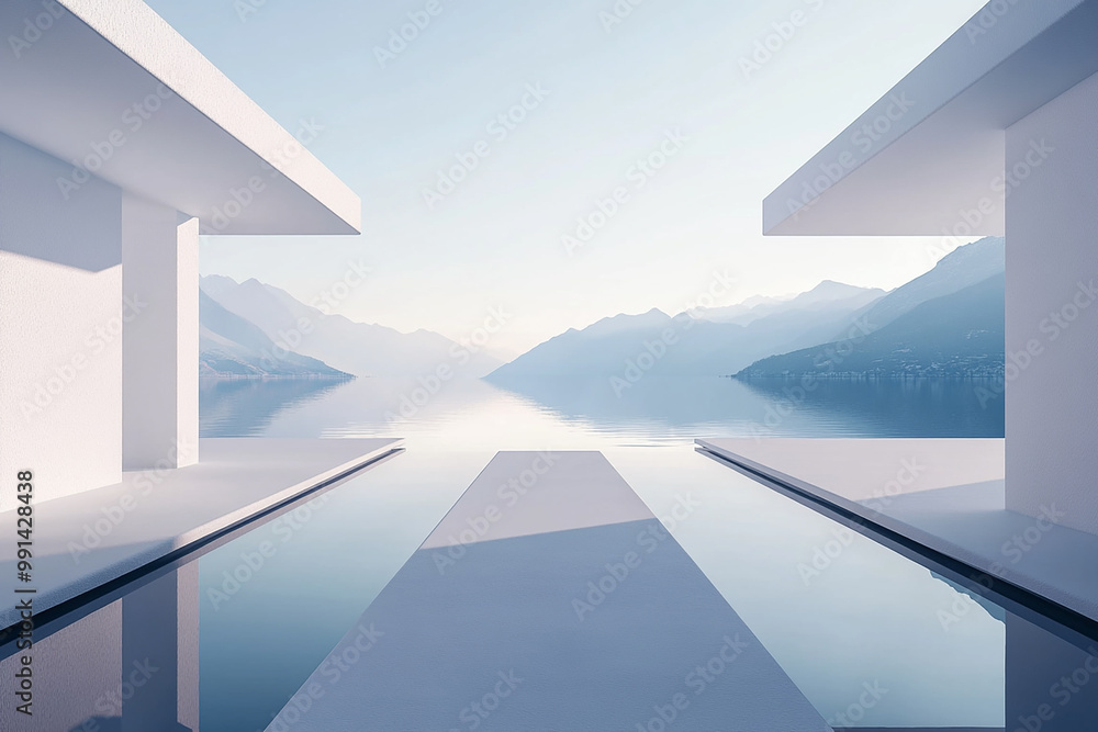 Obraz premium Abstract 3D rendering of minimalist style architectural space scene, mountain and lakeside building