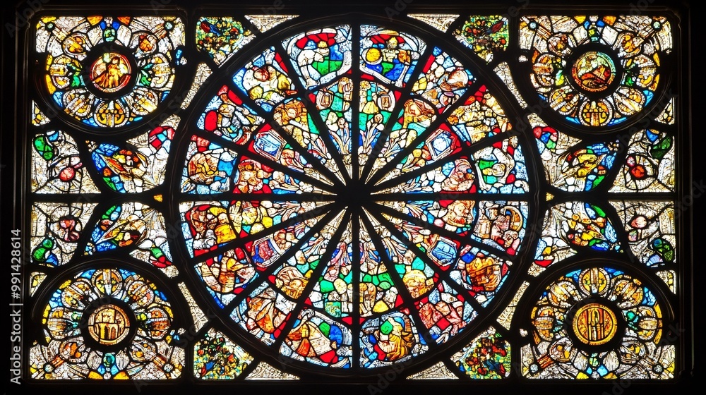 A large, round stained glass window with intricate designs in red, blue, and green hues. A large, round stained glass window with intricate designs in red, blue, and green hues.
