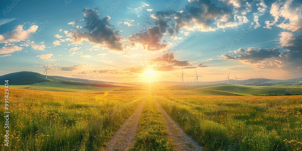 Fototapeta premium Breathtaking wind farm at sunset with turbines silhouetted against a vibrant sky