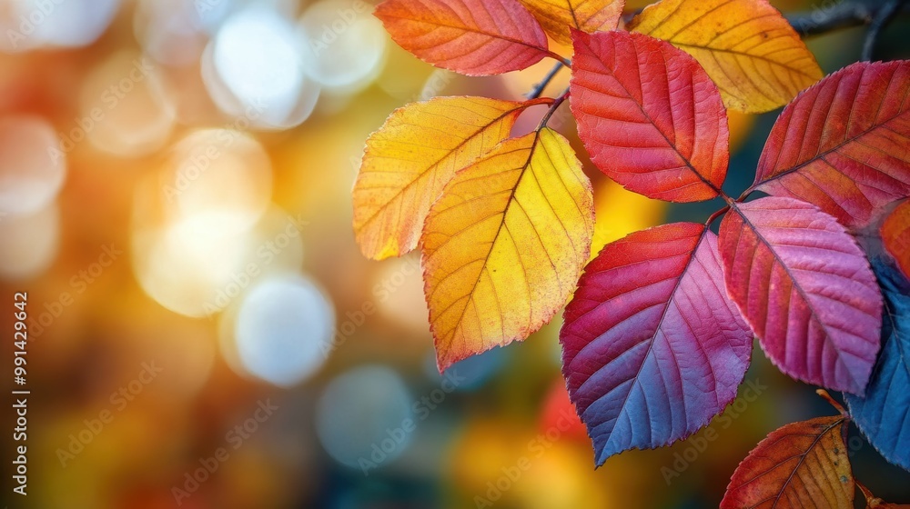Vibrant Autumn Foliage: Closeup of Colorful Leaves in Forest with Sunlit Canopy Vibrant Autumn Foliage: Closeup of Colorful Leaves in Forest with Sunlit Canopy