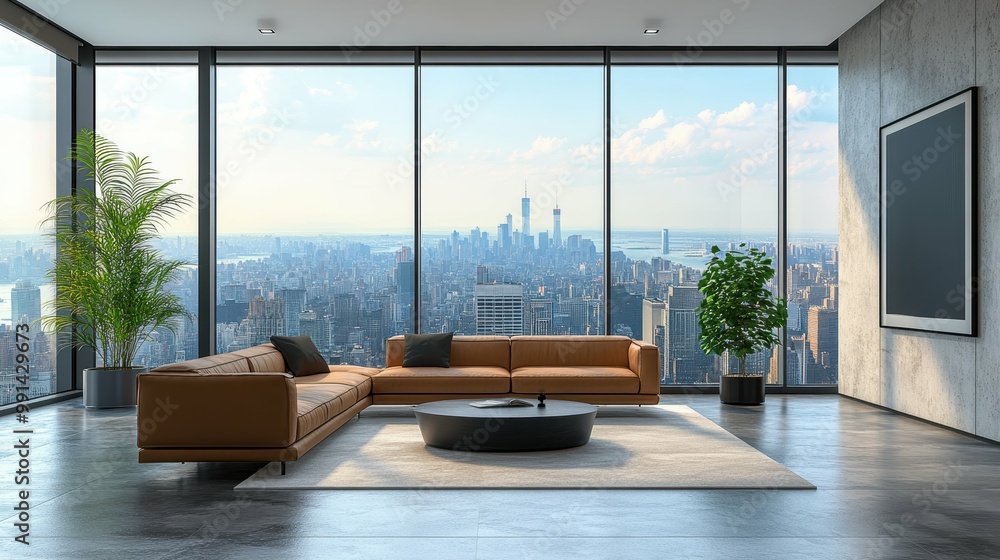 Fototapeta premium Modern Minimalist Living Room with Panoramic City Views and Stylish Design Elements