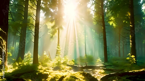森の木々の間から差し込む早朝の太陽の光の風景