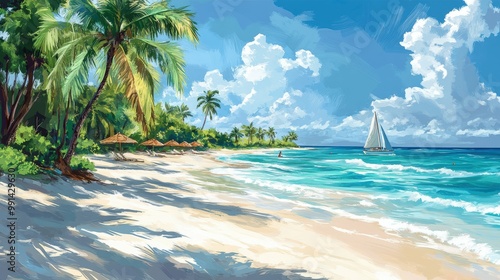 Serene beach landscape with turquoise water and white sand featuring swaying palm trees a few scattered beach umbrellas and a distant sailing boat on the horizon