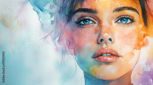 Close-up portrait of a woman with blue eyes, vibrant watercolor splashes, artistic style
