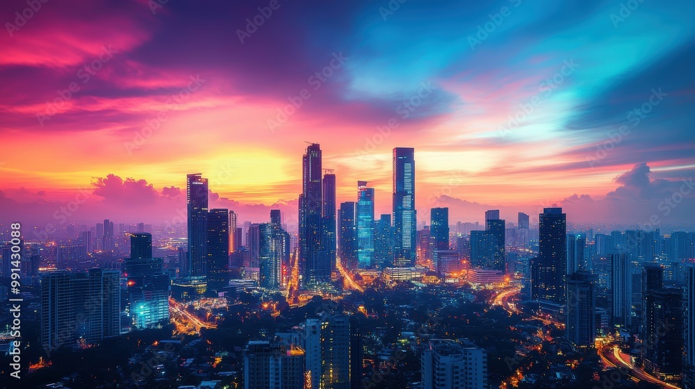 Fototapeta premium Vibrant cityscape at sunset with glowing skyscrapers