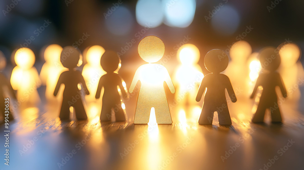 A circle of wooden figures with one in the center glowing, representing a leader, mentor, or individual standing out. A circle of wooden figures with one in the center glowing, representing a leader, mentor, or individual standing out.