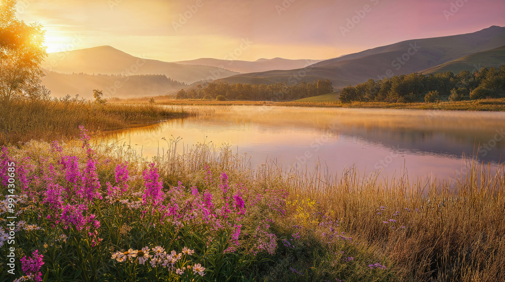 Obraz premium A tranquil sunrise over a misty lake, wildflowers in full bloom in the foreground, mountains in the background.