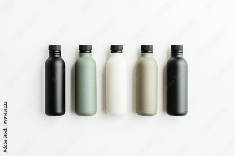 Minimalistic water bottles arranged in line, varying shades of black, green, white, contemporary design Minimalistic water bottles arranged in line, varying shades of black, green, white, contemporary design