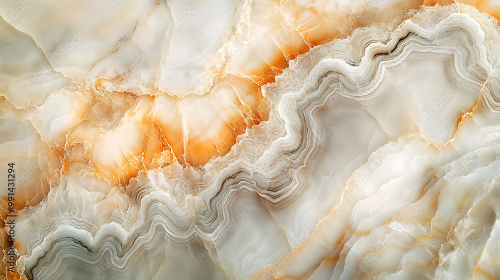 Close-up of a white and brown marble surface with swirling patterns. Close-up of a white and brown marble surface with swirling patterns.
