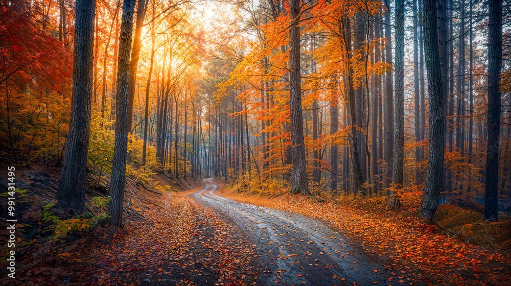 Obraz premium A tranquil autumn forest with a winding path covered in golden and orange leaves, bathed in warm sunlight.