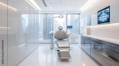 Modern dental office with bright lighting, sleek design, and advanced equipment for patient comfort and care.