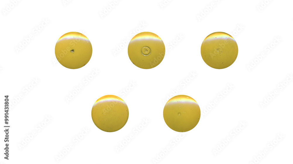 Fototapeta premium a set of yellow clear circles, empty stationery tacks in png format, front view, isolated metal push rounded pins on transparent background