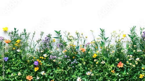 Top view Evergreen colorful flowers and grass field in nature with isolated on transparent background - PNG file, 3D rendering for create and design or etc 