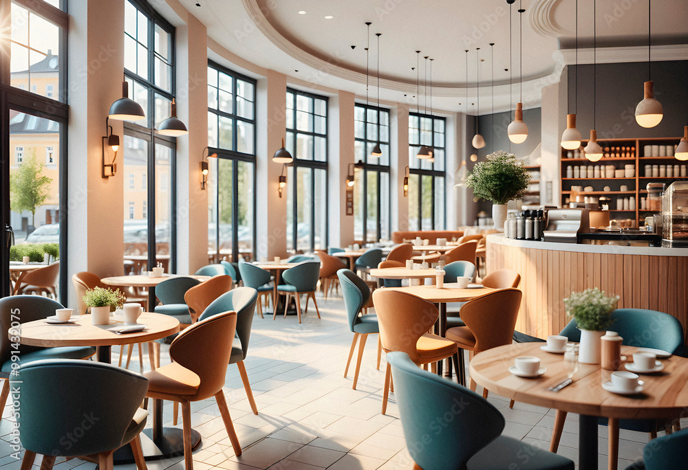 Obraz premium Interior of a restaurant with tables and chairs. 3d rendering. AI generated