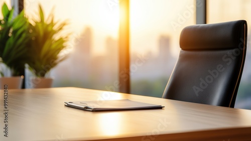 Fototapeta Naklejka Na Ścianę i Meble -  Modern office workspace with a sleek chair, desk, and sunset view, ideal for business and productivity imagery.