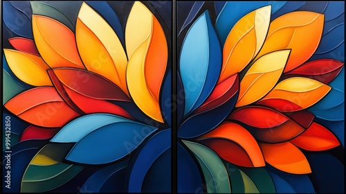 Wallpaper Mural Striking abstract diptych featuring bold geometric sunflower petals on a striking, cobalt blue base Torontodigital.ca