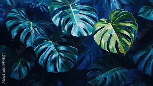 Modern abstract diptych featuring the organic shapes of lush green monstera leaves on a deep, sapphire blue ground