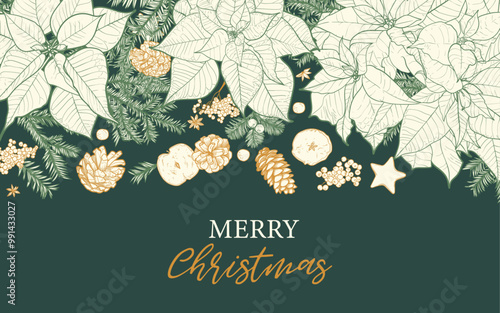 Merry Christmas background design template. Modern Xmas design with typography, poinsettia, pine cones, pine branches. Trendy vector hand drawn illustration for season banner, poster, cover
