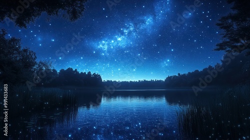 Fototapeta Naklejka Na Ścianę i Meble -  Starry night sky over a tranquil lake with silhouetted trees