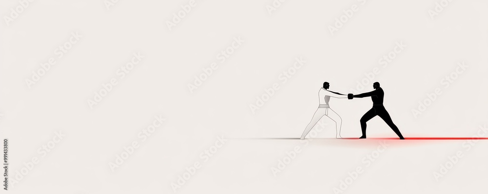 Dynamic illustration of a duel between two figures, symbolizing conflict and competition in a minimalistic style. Dynamic illustration of a duel between two figures, symbolizing conflict and competition in a minimalistic style.