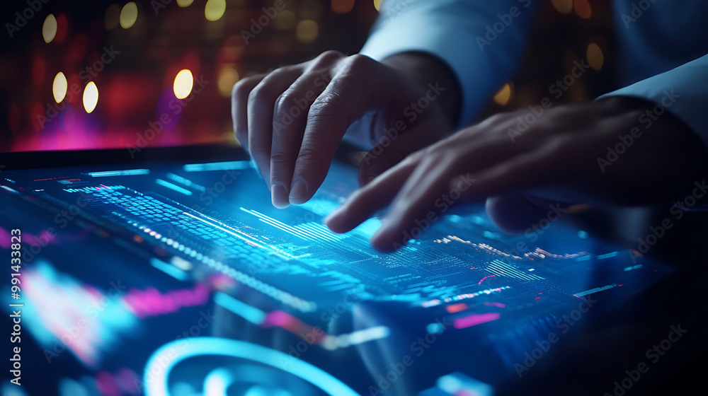 A businessman's hands interacting with a futuristic holographic interface, analyzing data and charts on a digital tablet. A businessman's hands interacting with a futuristic holographic interface, analyzing data and charts on a digital tablet.